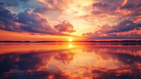 A stunning sunset scene with vibrant orange and pink hues blending into soft clouds, reflecting off a calm lake, creating a picturesque moment of tranquility and beauty.の素材