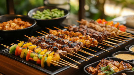 A serene dining setup featuring grilled meats and colorful vegetable skewers, accompanied by an assortment of dipping sauces, creating an inviting atmosphere for guests.の素材