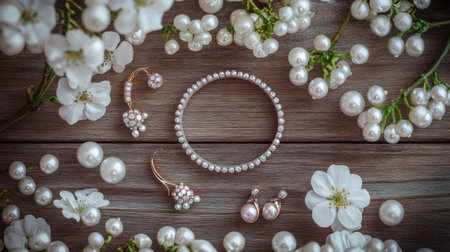 An artistic flat lay of various pearl jewelry pieces, including rings, necklaces, and earrings, arranged beautifully on a wooden surface with delicate flowers, emphasizing luxury.の素材