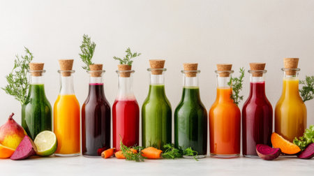 An inviting display of assorted fruit juices, including beet, carrot, and green smoothies, in glass bottles with cork stoppers, arranged artfully against a white background.の素材