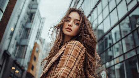 A woman in a stylish outfit posing on a city street, her beautifully styled hair cascading over her shoulders, with modern urban architecture in the background.の素材