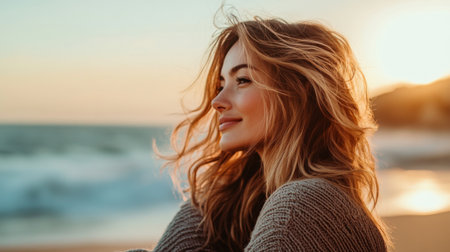 A woman with wavy hair sitting on a beach, her hair gently tousled by the ocean breeze, with the sun setting in the background, capturing a relaxed and carefree vibeの素材