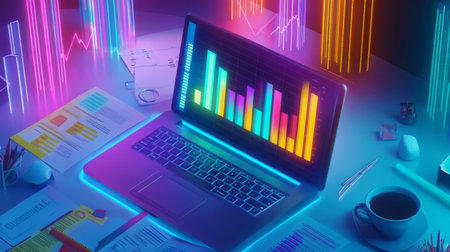 An overhead view of a digital workspace with a glowing 3D financial bar graph displayed on a laptop screen, surrounded by financial documents and a coffee cup, representing analysis.の素材