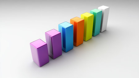 A 3D bar chart with vibrant bars in varying heights, placed on a white background with clean shadows and labels, perfect for visualizing business or financial data.の素材