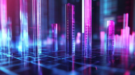 A 3D bar graph with transparent glass-like bars rising to different heights, representing financial growth on a dark, futuristic grid.の素材