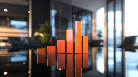 A 3D bar graph showcasing business profits, with bold, stacked bars representing various revenue streams, set on a reflective surface in a modern office settingの素材