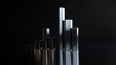 A 3D financial bar graph with metallic bars, representing revenue comparison between different companies, placed on a reflective surface with a sleek black background.の素材