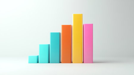 A 3D bar chart with vibrant bars in varying heights, placed on a white background with clean shadows and labels, perfect for visualizing business or financial data.の素材