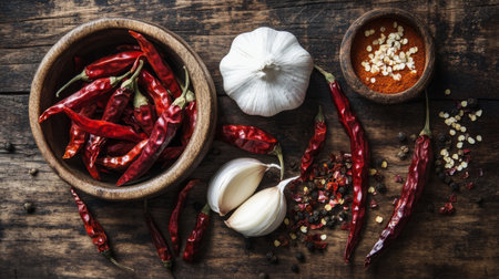 A beautiful arrangement of dried chili peppers, garlic, and aromatic spices on a rustic wooden table, showcasing the rich colors and textures of these ingredients.の素材