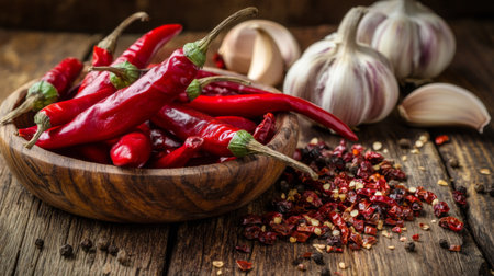 A beautiful arrangement of dried chili peppers, garlic, and aromatic spices on a rustic wooden table, showcasing the rich colors and textures of these ingredients.の素材