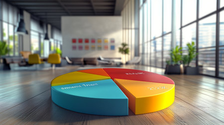 A 3D-rendered pie chart representing annual profit margins, with bold colors and labels, placed in a modern office setting to reflect a corporate atmosphere.の素材