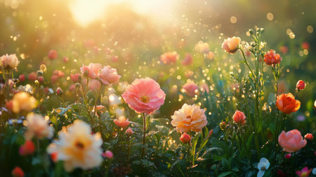A beautiful flower garden with various blossoms covered in dew drops, creating a sparkling effect across the entire scene in the early morning.の素材