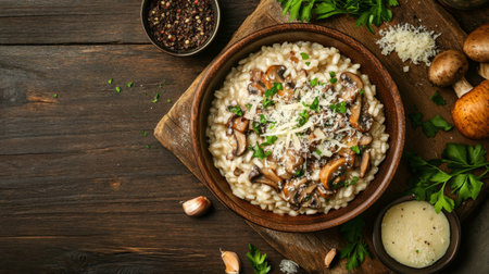 A beautiful composition of a rustic wooden table filled with mushroom risotto, garnished with grated cheese and fresh herbs, inviting viewers to indulge in the dish.の素材