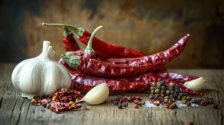 A beautiful arrangement of dried chili peppers, garlic, and aromatic spices on a rustic wooden table, showcasing the rich colors and textures of these ingredients.の素材