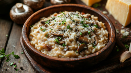 A beautiful composition of a rustic wooden table filled with mushroom risotto, garnished with grated cheese and fresh herbs, inviting viewers to indulge in the dish.の素材