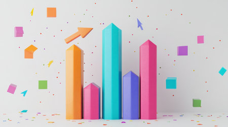 A 3D-rendered bar graph representing financial growth, with vibrant colors and arrows pointing upwards on a white background, symbolizing economic progress.の素材