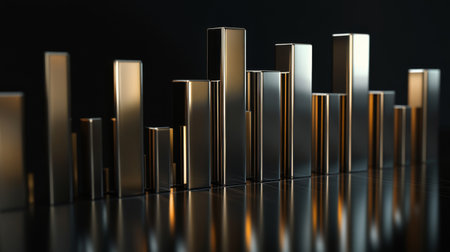 A 3D financial bar graph with metallic bars, representing revenue comparison between different companies, placed on a reflective surface with a sleek black background.の素材