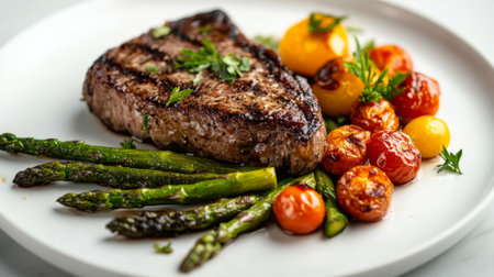 A beautifully plated steak with colorful sides, including roasted asparagus and cherry tomatoes, presented on a white dish that enhances the dish vibrant colors.の素材