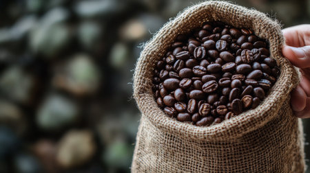 A captivating photo of a hand holding a burlap sack filled with coffee beans, with a rustic background, emphasizing the craftsmanship and quality of the coffee.の素材