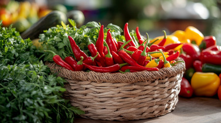 A bright and colorful display of assorted chili peppers in a woven basket, alongside fresh herbs and spices, set on a rustic table for a farm-to-table feel.の素材