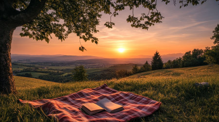 A breathtaking sunset view of an outdoor reading spot, with a blanket laid out and books scattered around, inviting viewers to unwind with a good story.の素材