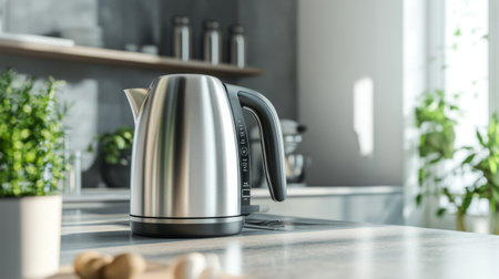 A classic electric kettle in a sleek kitchen setting, with a clear water level indicator and the kettle power switch turned on, demonstrating its functionality.の素材