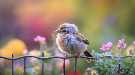 A captivating photo of a baby bird with colorful feathers, perched on a garden fence, surrounded by blooming flowers, symbolizing the beauty of nature in full bloomの素材