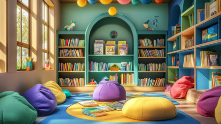 A charming children section of a library, with colorful books, bean bags, and playful decorations, inviting young readers to discover the joy of storytelling.の素材