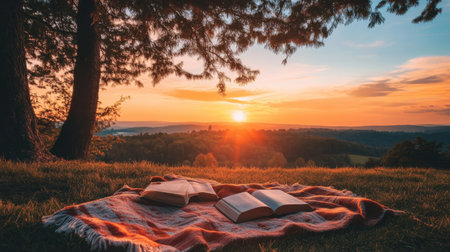 A breathtaking sunset view of an outdoor reading spot, with a blanket laid out and books scattered around, inviting viewers to unwind with a good story.の素材