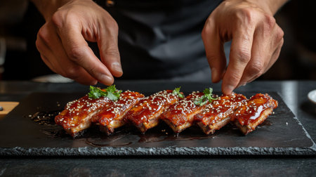 A chef hands plating perfectly fried pork ribs on a sleek black slate, drizzled with barbecue sauce and sprinkled with sesame seeds for a gourmet touch.の素材