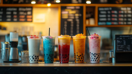 A captivating shot of a bubble tea shop's colorful menu board, displaying various flavors and toppings, set against the lively backdrop of atmosphereの素材