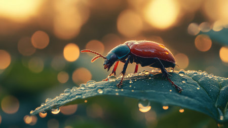 A captivating image of a beetle climbing on a dewy leaf at dawn, with soft sunlight illuminating the scene, capturing the tranquility of early morning nature.の素材