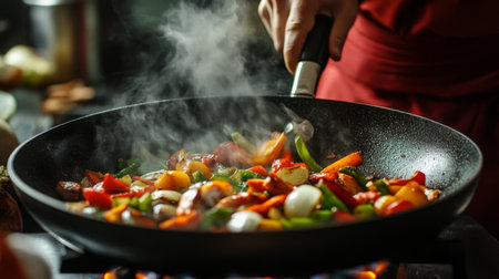 A chef stirring vegetables in a sizzling frying pan on high heat, with vibrant colors of the ingredients contrasting against the dark pan.の素材