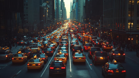 A bustling city street during rush hour, with a long line of cars stuck in traffic, showcasing the daily struggle of commuters and the challenges of urban transportation.の素材