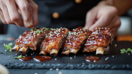 A chef hands plating perfectly fried pork ribs on a sleek black slate, drizzled with barbecue sauce and sprinkled with sesame seeds for a gourmet touch.の素材