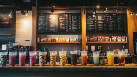 A captivating shot of a bubble tea shop's colorful menu board, displaying various flavors and toppings, set against the lively backdrop of atmosphereの素材