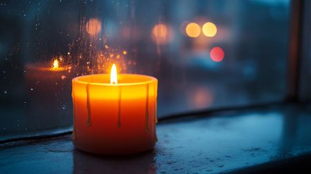 A close-up of a single lit candle on a windowsill, with gentle wax drips and the glow of the flame illuminating the surroundings, evoking a peaceful and cozy atmosphere.の素材
