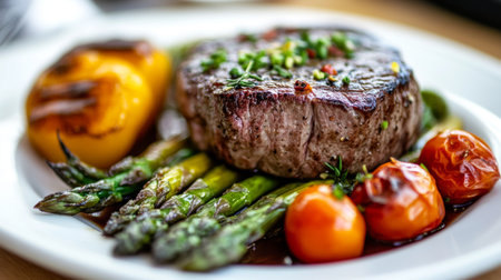 A beautifully plated steak with colorful sides, including roasted asparagus and cherry tomatoes, presented on a white dish that enhances the dish vibrant colors.の素材