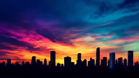 A breathtaking sunset view of a skyline silhouette, with skyscrapers standing tall against a colorful sky, evoking a sense of tranquility and reflectionの素材