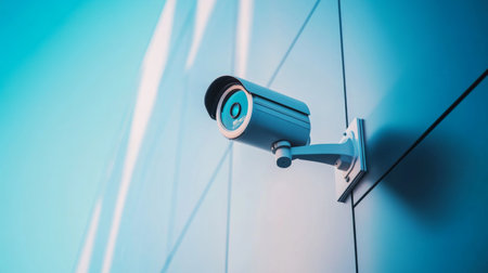 A close-up of a modern CCTV camera mounted on a building exterior, with a clear blue sky in the background, showcasing the technology used for security surveillance.の素材