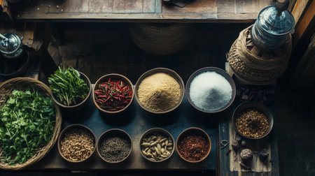 A charming photo of a traditional Thai kitchen with bowls of salt and spices neatly arranged, reflecting the rich culinary heritage and the use of fresh ingredients.の素材