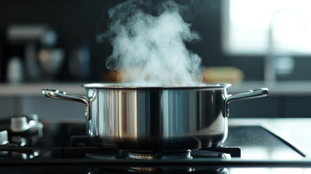 A close-up of a stainless steel pot boiling water on a modern stovetop, with steam rising, set against a clean kitchen backdrop.の素材