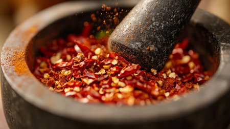 A close-up of a mortar and pestle grinding dried chili peppers and spices, highlighting the texture and intensity of homemade chili powder.の素材