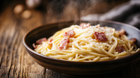 A close-up of a steaming bowl of classic spaghetti carbonara, with creamy sauce, crispy pancetta, and freshly grated Parmesan cheese, set on a rustic wooden table.の素材