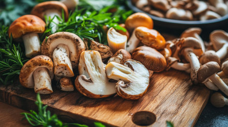 A close-up of a vibrant assortment of fresh mushrooms, including shiitake, oyster, and button mushrooms, artfully arranged on a wooden cutting board with herbs.の素材