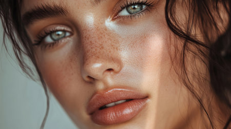 A close-up of a woman face with dewy skin and subtle makeup, her eyes gazing into the camera with a gentle expression, set against a neutral background.の素材