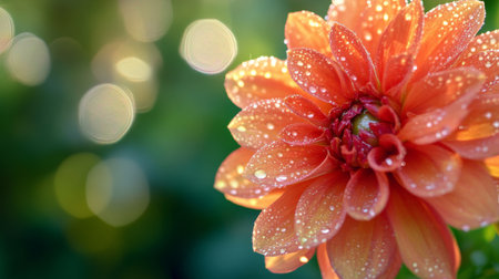 A close-up of a vibrant flower with delicate dew drops on its petals, glistening in the early morning light, set against a blurred green background.の素材