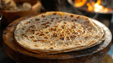 A close-up of freshly cooked roti being served hot on a traditional wooden platter, with golden-brown edges and a light dusting of flour, showcasing its irresistible texture.の素材