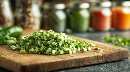 A close-up of freshly chopped green chilies and herbs on a wooden cutting board, with a blurred background of various spices in jars, showcasing a flavorful cooking environment.の素材
