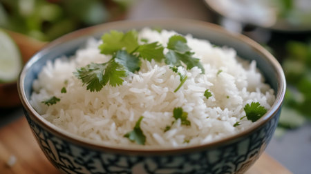 A close-up shot of a bowl filled with fluffy jasmine rice, perfectly steamed and garnished with fresh cilantro, showcasing its aromatic texture and inviting appearance.の素材